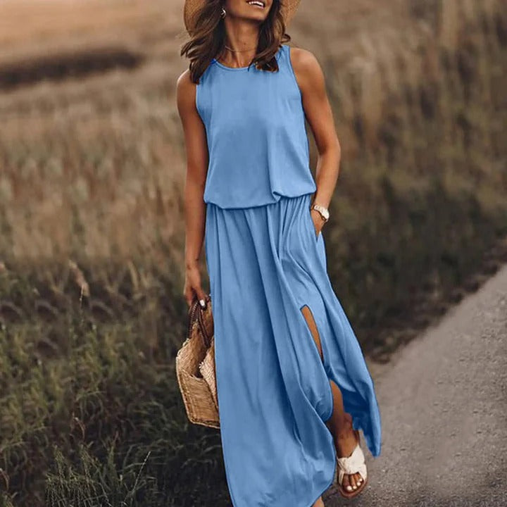 Camille - Robe Élégante Invitée Mariage Femme sans Manches avec Fente et Poches