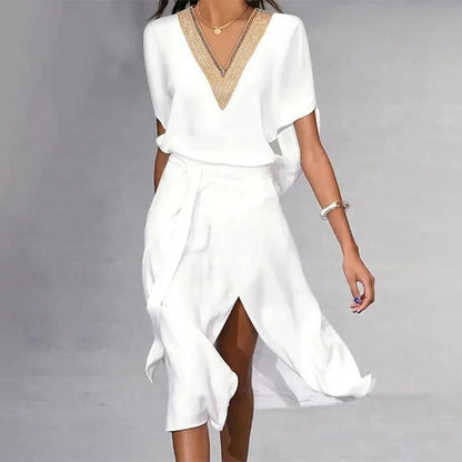 Inès - Robe Mariée Femme Élégante Col V Doré et Ceinture Nouée