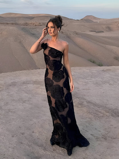 Inès - Robe Mariage Invitée Maxi Femme Élégante avec Épaule Asymétrique et Appliqués Floraux
