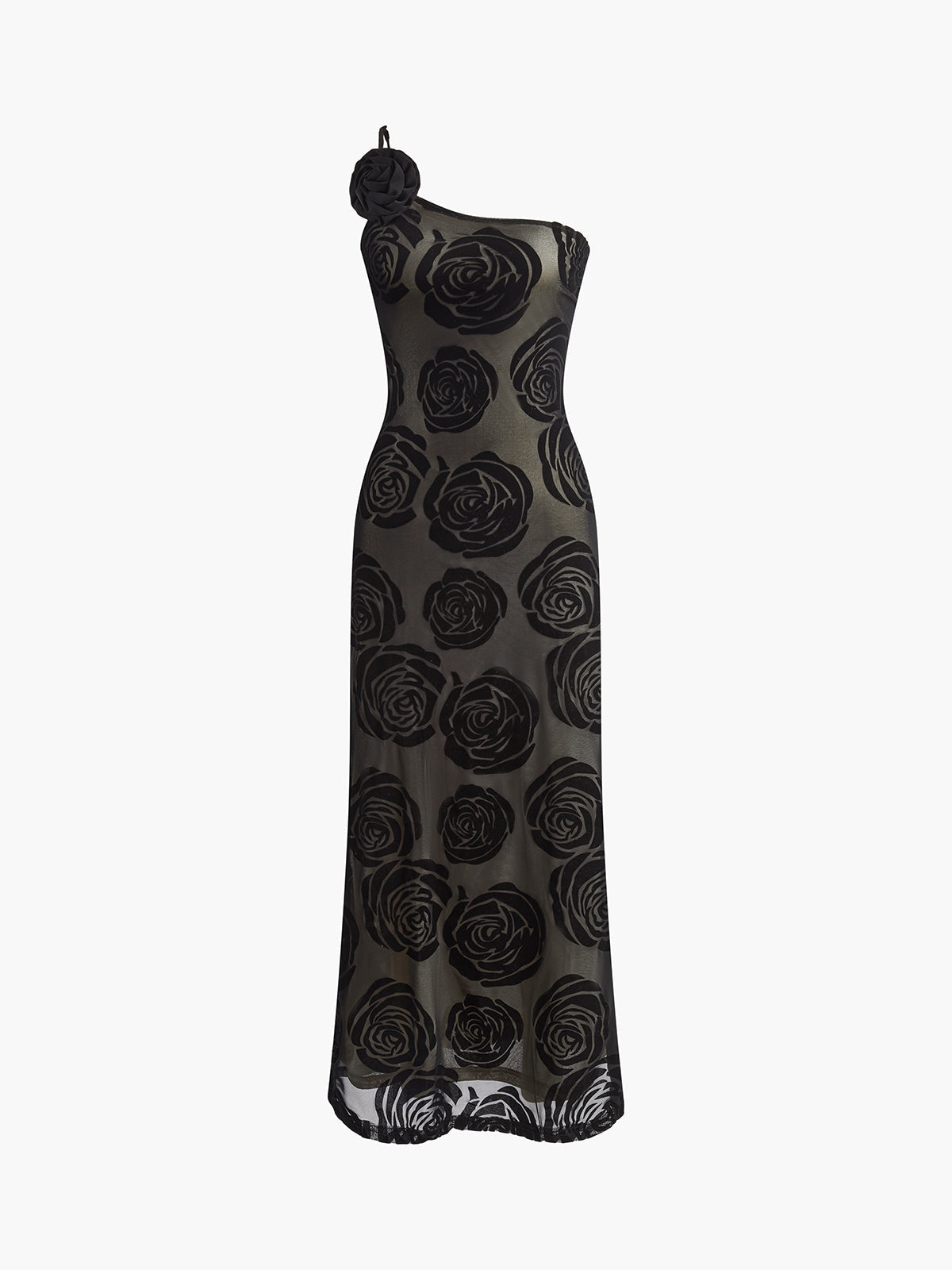 Inès - Robe Mariage Invitée Maxi Femme Élégante avec Épaule Asymétrique et Appliqués Floraux