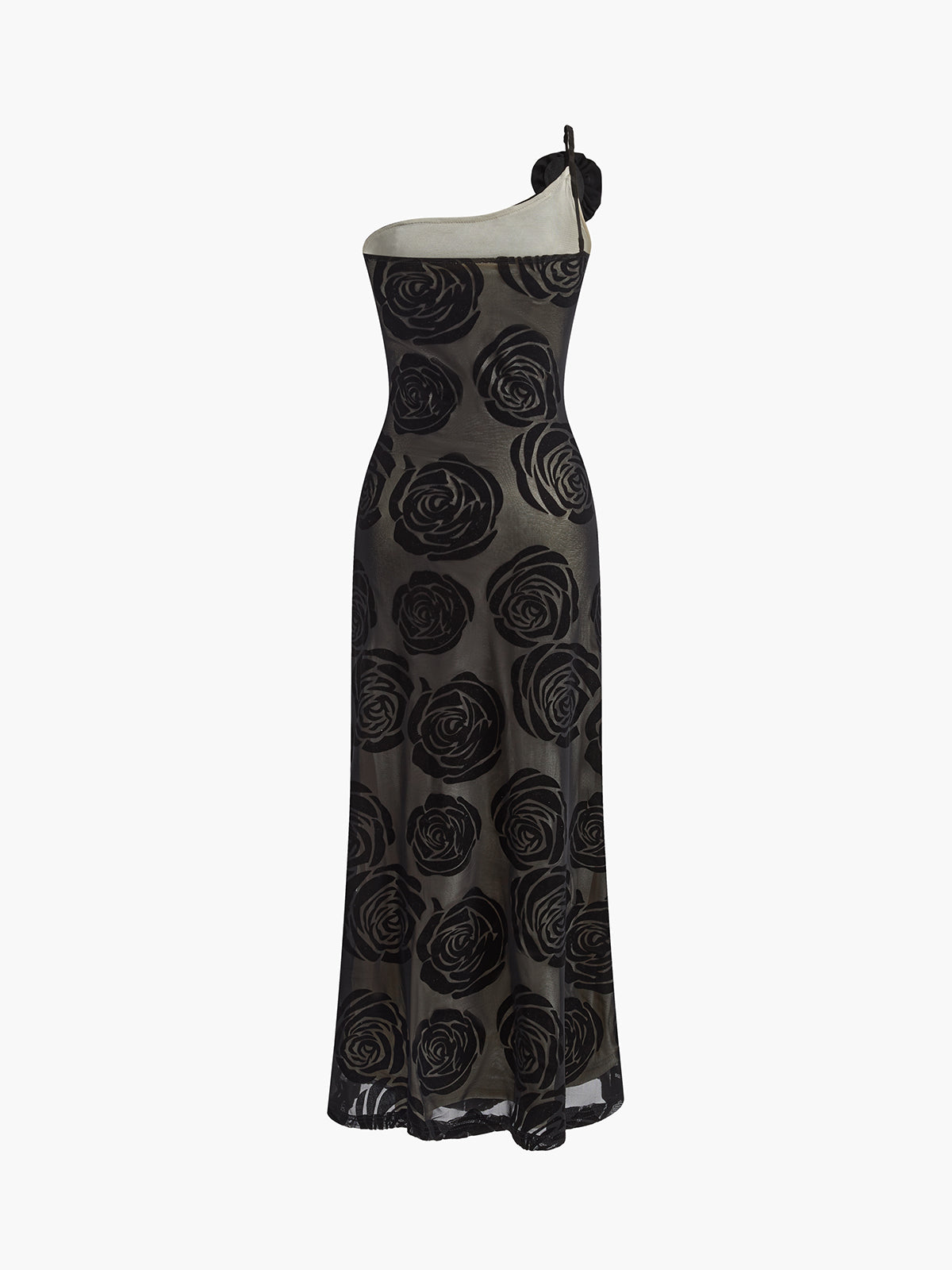 Inès - Robe Mariage Invitée Maxi Femme Élégante avec Épaule Asymétrique et Appliqués Floraux