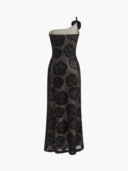 Inès - Robe Mariage Invitée Maxi Femme Élégante avec Épaule Asymétrique et Appliqués Floraux