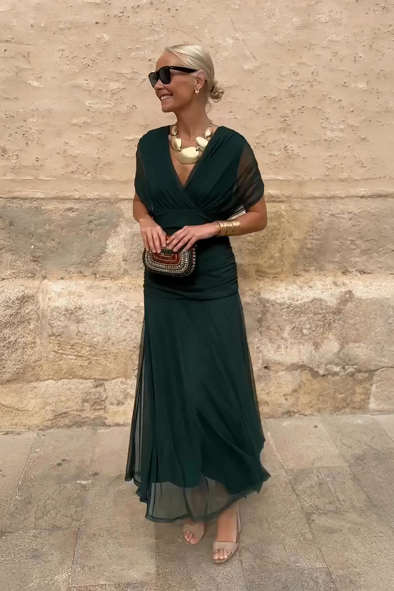Inès - Robe Maxi Chic Invitée Mariage Femme avec Col V Croisé et Coupe Drapée Fluide