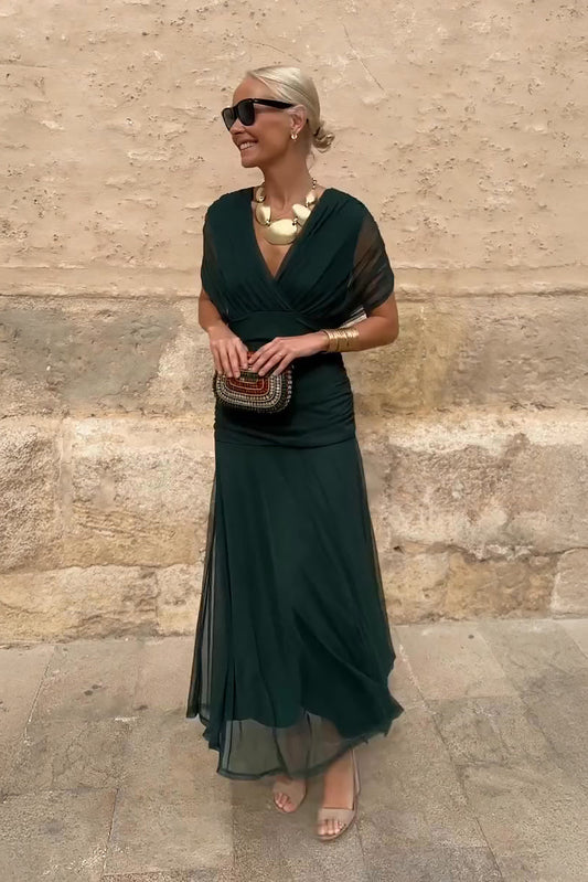 Inès - Robe Maxi Chic Invitée Mariage Femme avec Col V Croisé et Coupe Drapée Fluide
