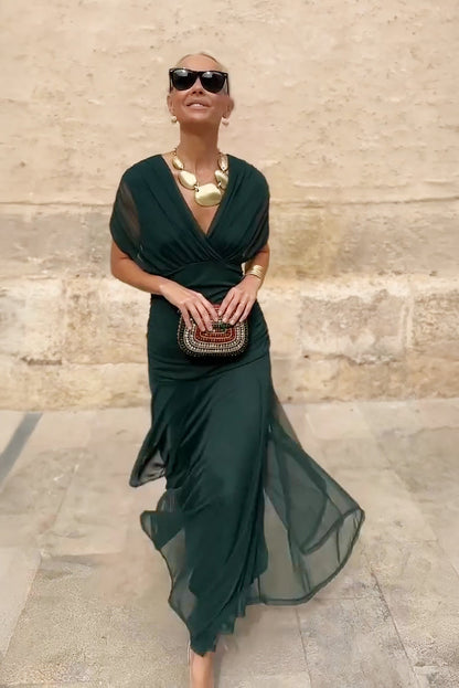 Inès - Robe Maxi Chic Invitée Mariage Femme avec Col V Croisé et Coupe Drapée Fluide