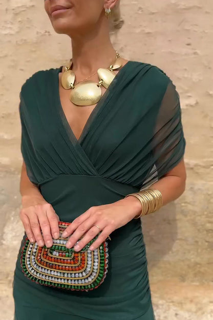 Inès - Robe Maxi Chic Invitée Mariage Femme avec Col V Croisé et Coupe Drapée Fluide