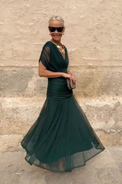 Inès - Robe Maxi Chic Invitée Mariage Femme avec Col V Croisé et Coupe Drapée Fluide
