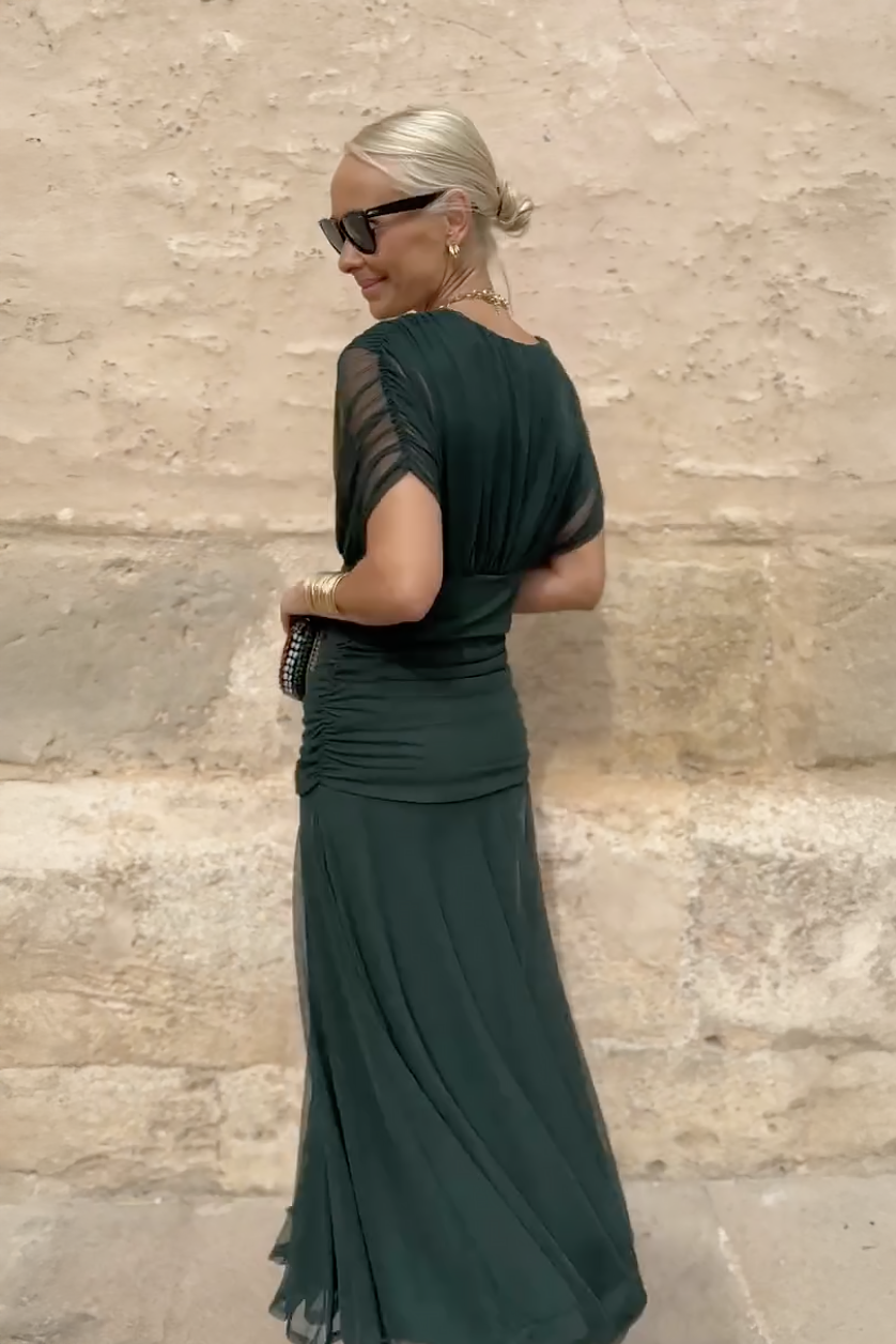 Inès - Robe Maxi Chic Invitée Mariage Femme avec Col V Croisé et Coupe Drapée Fluide