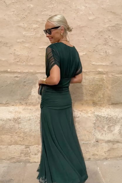 Inès - Robe Maxi Chic Invitée Mariage Femme avec Col V Croisé et Coupe Drapée Fluide