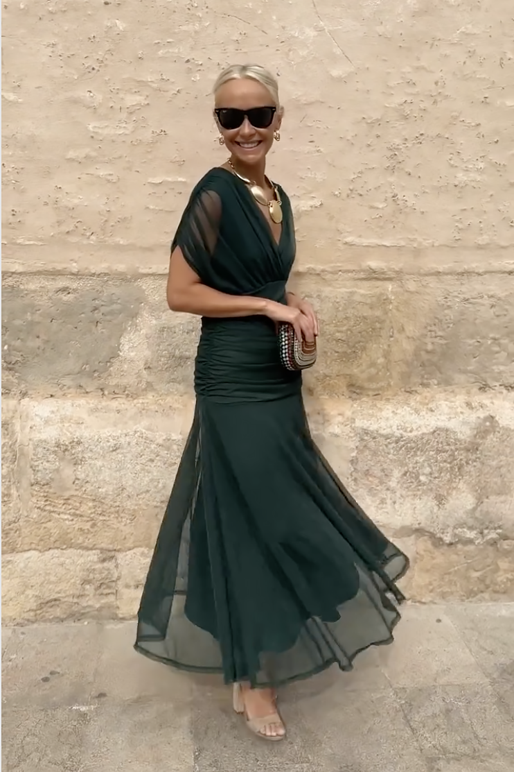 Inès - Robe Maxi Chic Invitée Mariage Femme avec Col V Croisé et Coupe Drapée Fluide