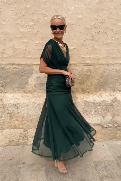 Inès - Robe Maxi Chic Invitée Mariage Femme avec Col V Croisé et Coupe Drapée Fluide