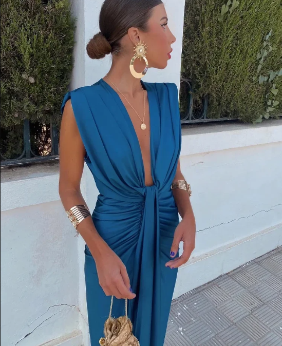 Inès - Robe Midi Chic Invitée Mariage Femme avec Décolleté Plongeant et Nœud Central