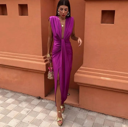 Inès - Robe Midi Chic Invitée Mariage Femme avec Décolleté Plongeant et Nœud Central