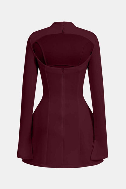 Inès - Robe de Soirée Courte Femme Élégante Moulante avec Col Montant et Manches Longues