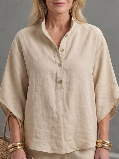 Isabelle - Ensemble en Lin 2 Pièces Femme Chic avec Top Kimono et Pantalon Droit Classique