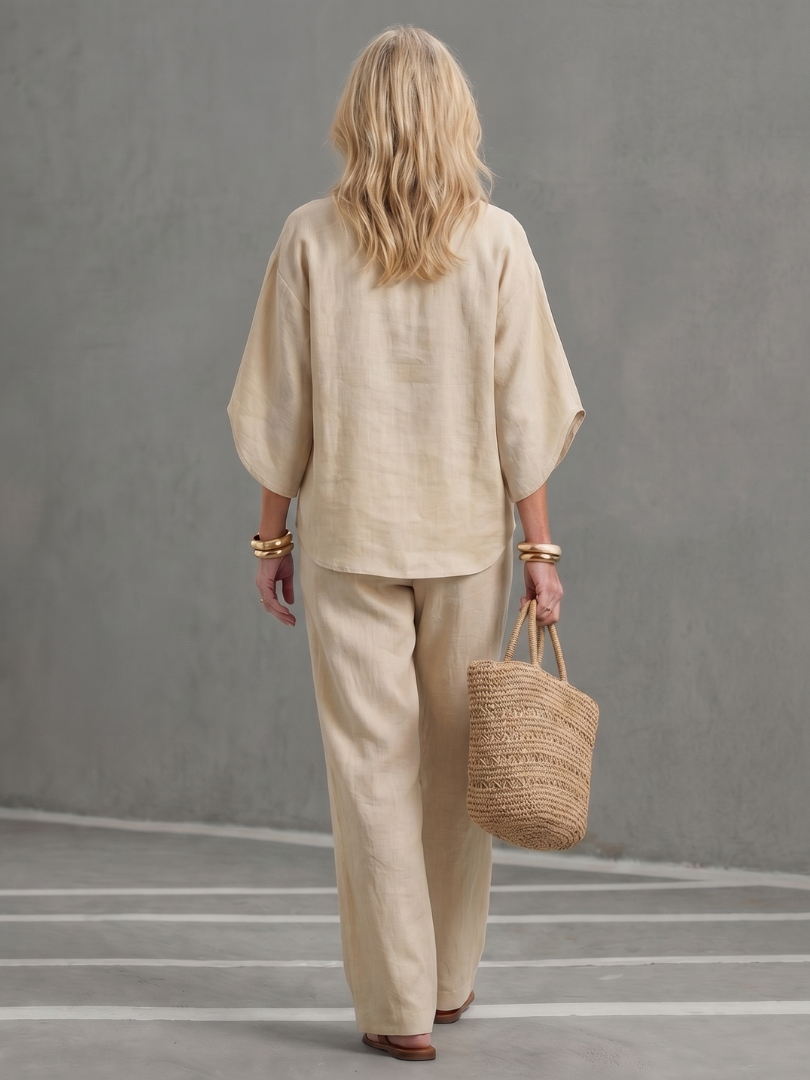 Isabelle - Ensemble en Lin 2 Pièces Femme Chic avec Top Kimono et Pantalon Droit Classique
