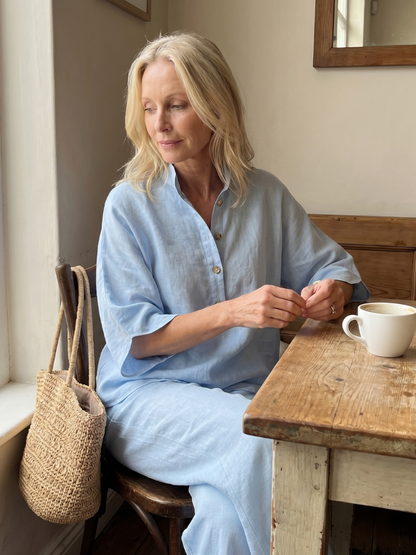 Isabelle - Ensemble en Lin 2 Pièces Femme Chic avec Top Kimono et Pantalon Droit Classique