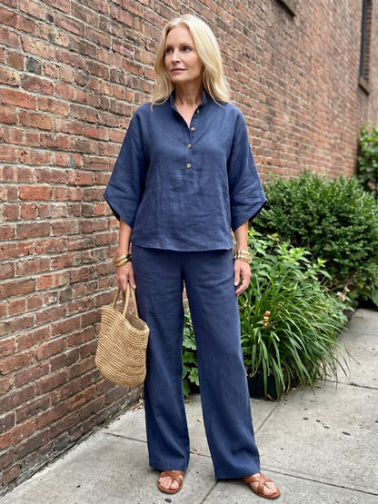 Isabelle - Ensemble en Lin 2 Pièces Femme Chic avec Top Kimono et Pantalon Droit Classique