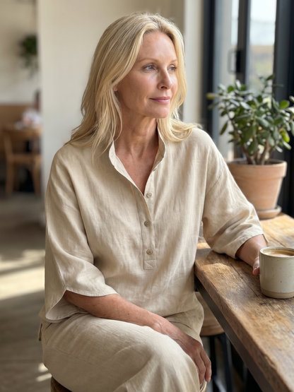 Isabelle - Ensemble en Lin 2 Pièces Femme Chic avec Top Kimono et Pantalon Droit Classique