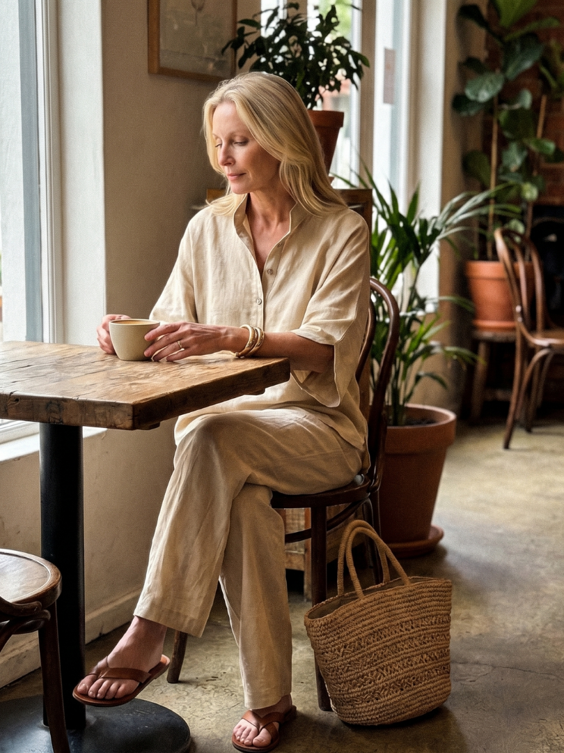 Isabelle - Ensemble en Lin 2 Pièces Femme Chic avec Top Kimono et Pantalon Droit Classique