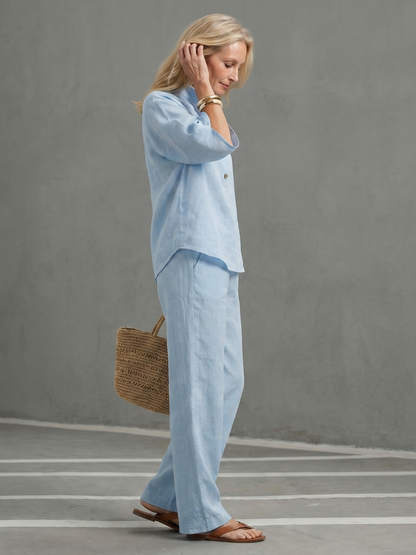 Isabelle - Ensemble en Lin 2 Pièces Femme Chic avec Top Kimono et Pantalon Droit Classique