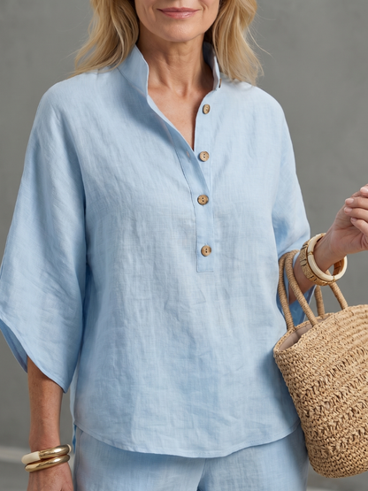 Isabelle - Ensemble en Lin 2 Pièces Femme Chic avec Top Kimono et Pantalon Droit Classique