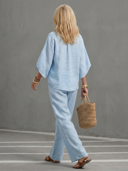Isabelle - Ensemble en Lin 2 Pièces Femme Chic avec Top Kimono et Pantalon Droit Classique