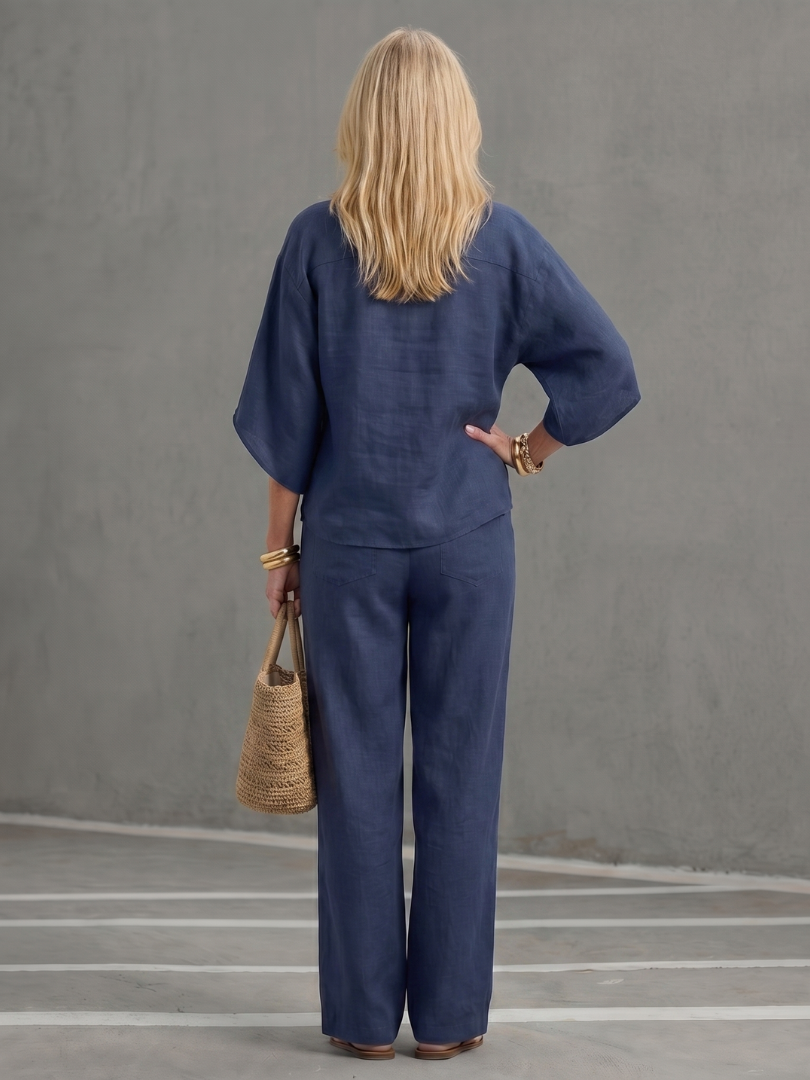 Isabelle - Ensemble en Lin 2 Pièces Femme Chic avec Top Kimono et Pantalon Droit Classique