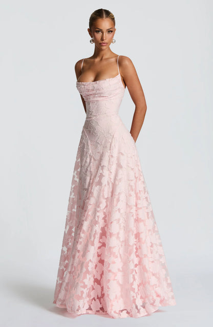 Isabelle - Robe Invitée Mariage Femme Romantique à Bretelles Fines avec Appliqués Floraux et Coupe Évasée