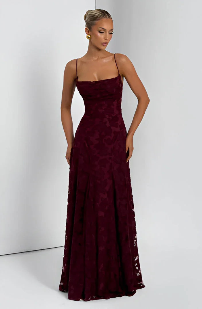 Isabelle - Robe Invitée Mariage Femme Romantique à Bretelles Fines avec Appliqués Floraux et Coupe Évasée