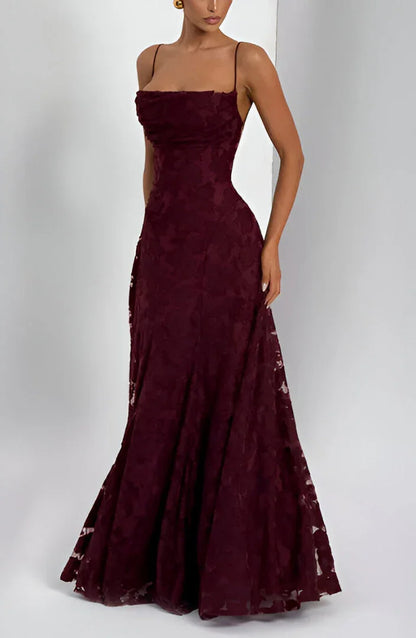 Isabelle - Robe Invitée Mariage Femme Romantique à Bretelles Fines avec Appliqués Floraux et Coupe Évasée