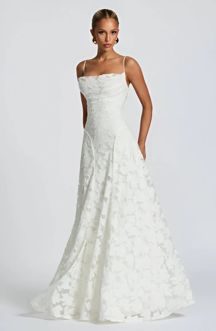 Isabelle - Robe Invitée Mariage Femme Romantique à Bretelles Fines avec Appliqués Floraux et Coupe Évasée