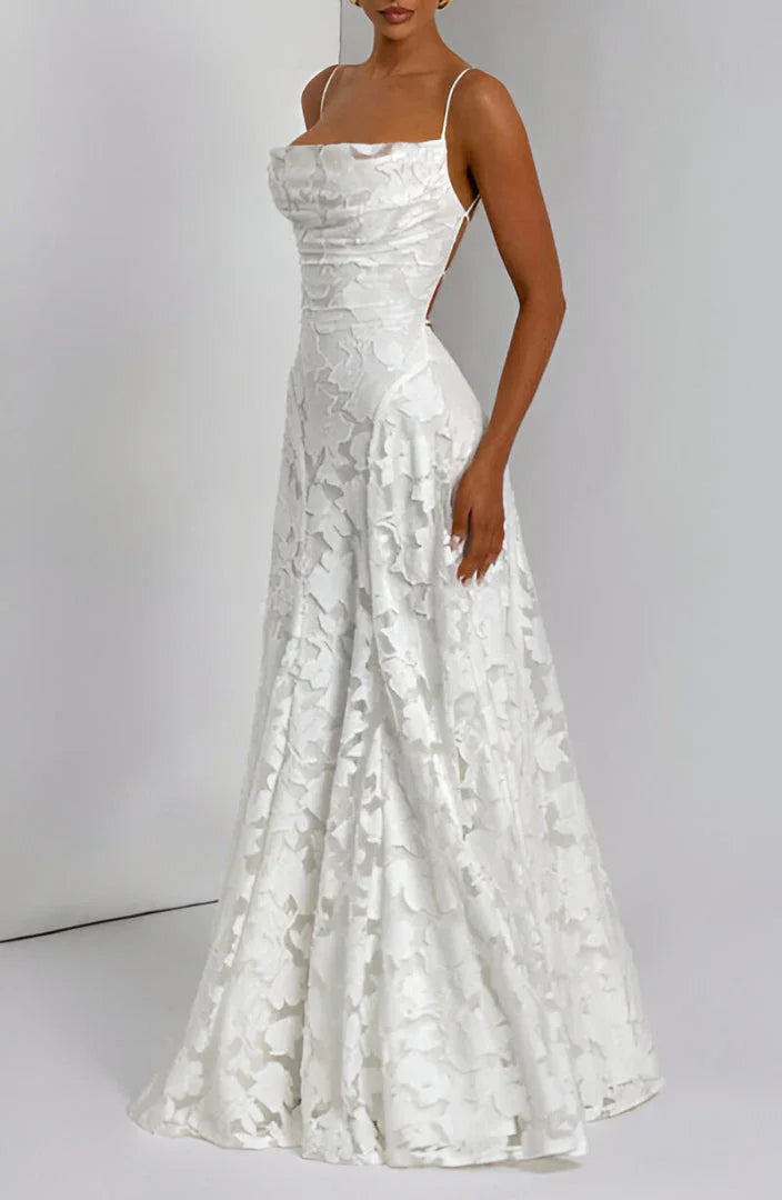 Isabelle - Robe Invitée Mariage Femme Romantique à Bretelles Fines avec Appliqués Floraux et Coupe Évasée