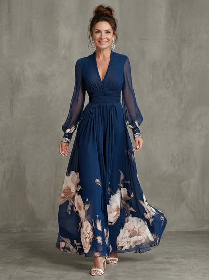 Isabelle - Robe Longue Élégante Femme avec Manches Longues et Imprimé Floral