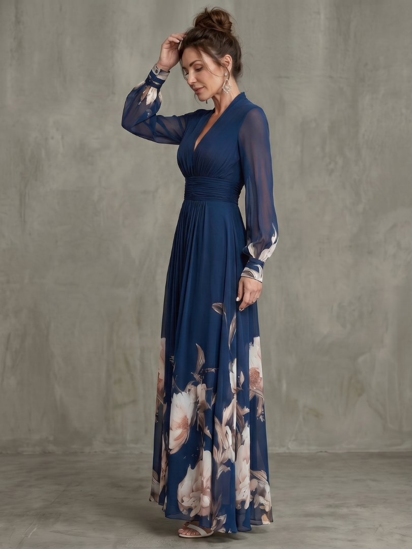 Isabelle - Robe Longue Élégante Femme avec Manches Longues et Imprimé Floral