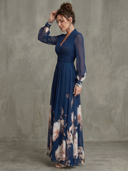 Isabelle - Robe Longue Élégante Femme avec Manches Longues et Imprimé Floral