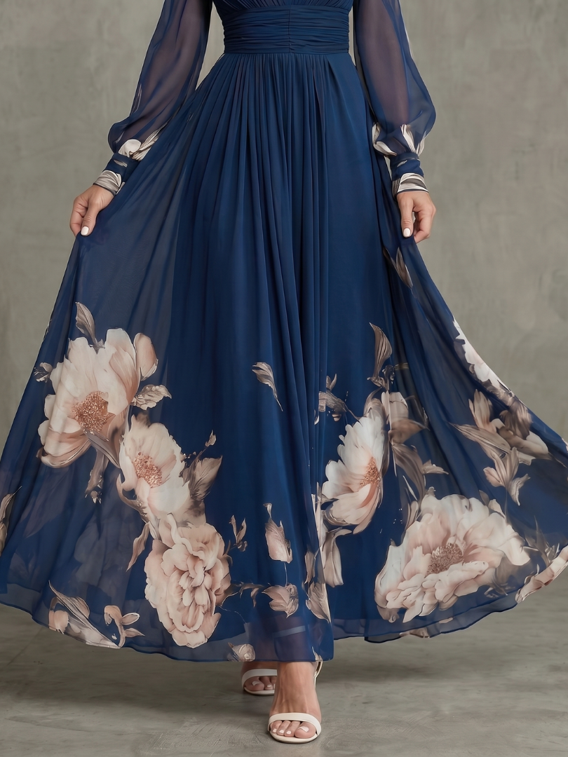 Isabelle - Robe Longue Élégante Femme avec Manches Longues et Imprimé Floral