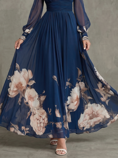 Isabelle - Robe Longue Élégante Femme avec Manches Longues et Imprimé Floral