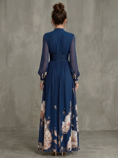 Isabelle - Robe Longue Élégante Femme avec Manches Longues et Imprimé Floral