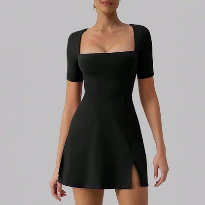 Isabelle - Robe Mariage Invitée Mini Femme Élégante avec Col Carré et Manches Courtes Structurées