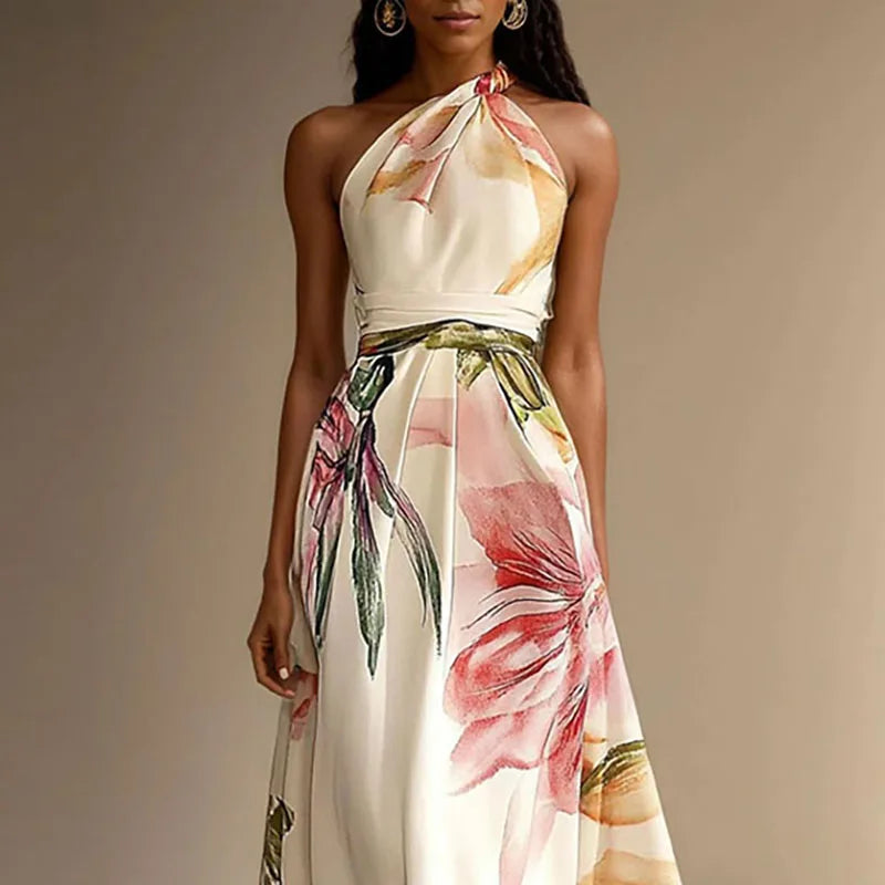 Isabelle - Robe Élégante Invitée Mariage Femme avec Col Halter et Imprimé Floral