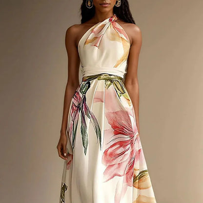 Isabelle - Robe Élégante Invitée Mariage Femme avec Col Halter et Imprimé Floral