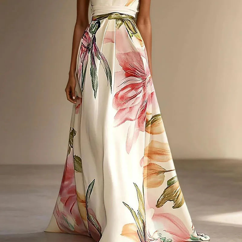 Isabelle - Robe Élégante Invitée Mariage Femme avec Col Halter et Imprimé Floral