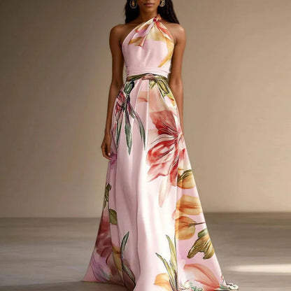 Isabelle - Robe Élégante Invitée Mariage Femme avec Col Halter et Imprimé Floral