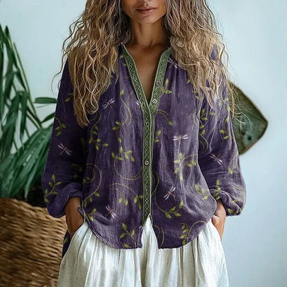 Jade - Blouse en Lin Femme Bohème à Imprimé Floral avec Col V et Boutonnage Décoratif