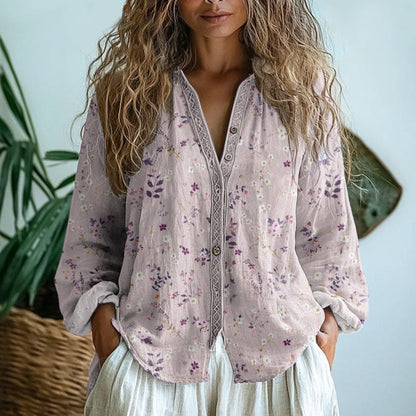 Jade - Blouse en Lin Femme Bohème à Imprimé Floral avec Col V et Boutonnage Décoratif