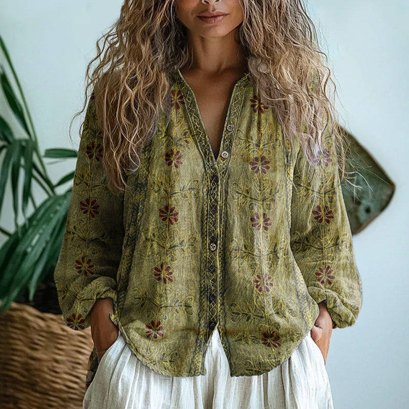 Jade - Blouse en Lin Femme Bohème à Imprimé Floral avec Col V et Boutonnage Décoratif