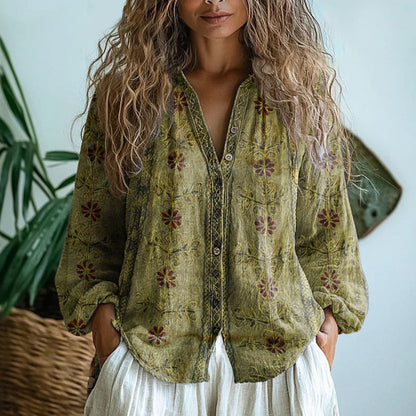 Jade - Blouse en Lin Femme Bohème à Imprimé Floral avec Col V et Boutonnage Décoratif