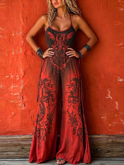 Jade - Combinaison en Lin Bohème Femme à Bretelles avec Imprimé Totem et Jambes Larges