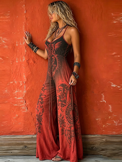 Jade - Combinaison en Lin Bohème Femme à Bretelles avec Imprimé Totem et Jambes Larges